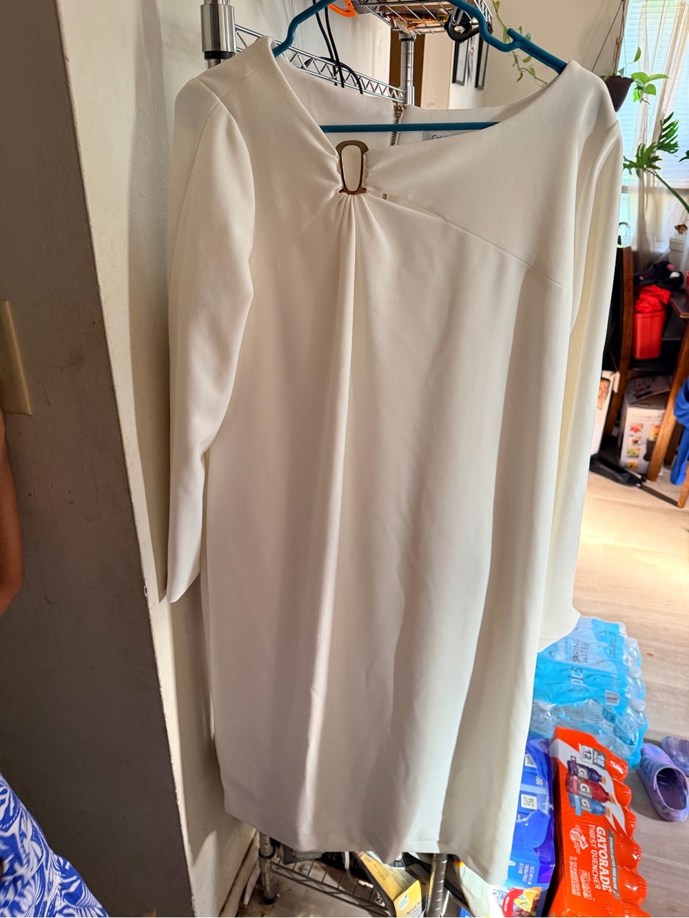 Calvin Klein White Shift Dress with Gold Accent